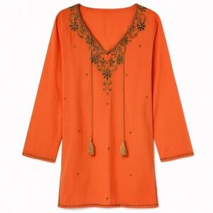 New Ranees Boho Tunic Dress Beach Coverup Summer Top Orange Gold Beaded Size XL